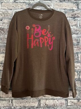 NATURAL LIFE Oversized Brown Sweatshirt with Pink Floral 'Be Happy' Graphic